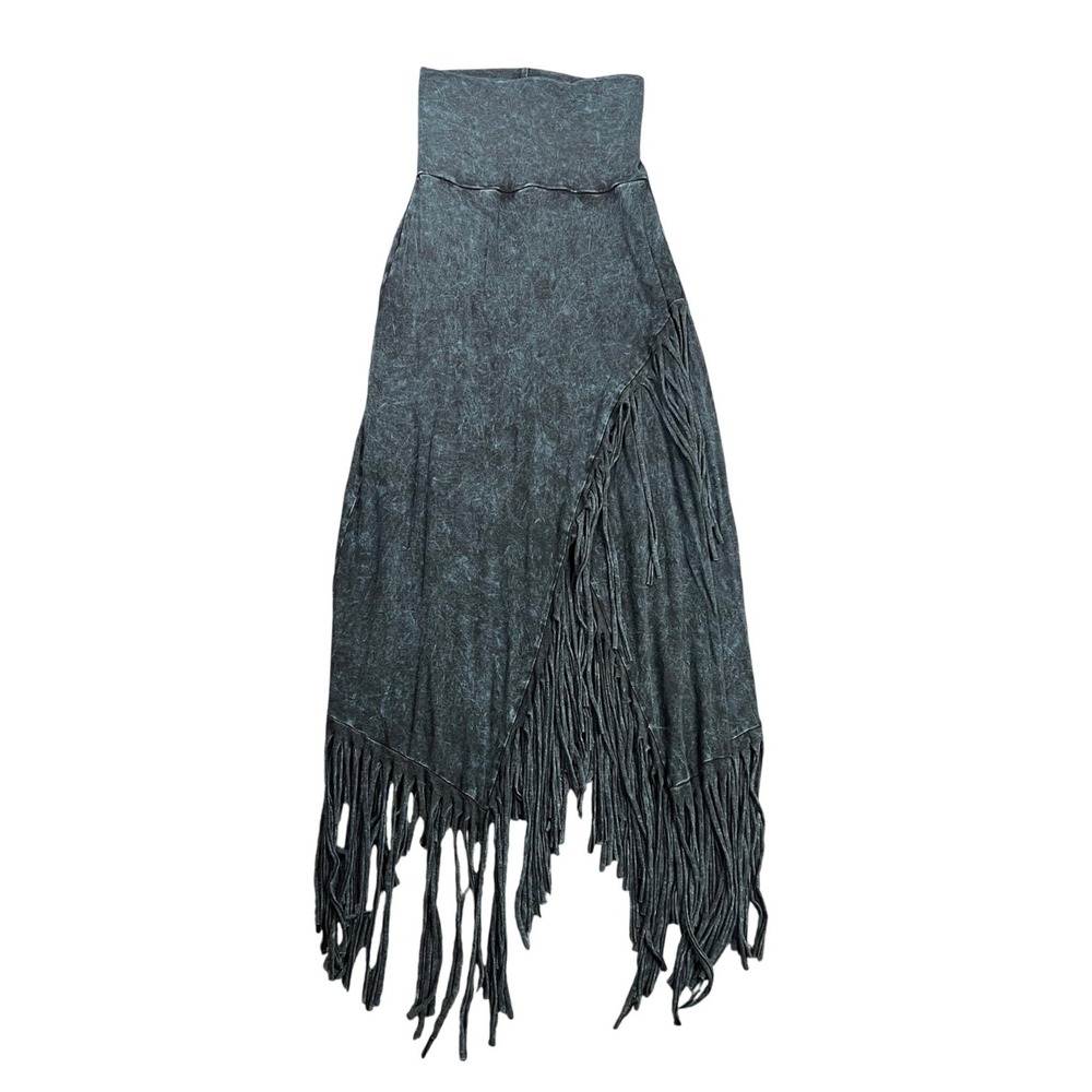 T-Party Women Small Acid Wash Fringe Midi Skirt Blue Black Boho Festival Western